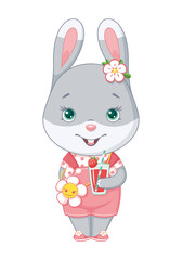 Cute bunny character in summer clothes. Cartoon vector illustration