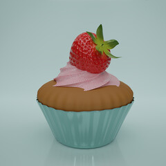  3D render tasty cupcake on blue background. Delicious Cupcake for party, birthday. Strawberry  cupcake with whipped strawberry cream. 3D rendering illustration.
