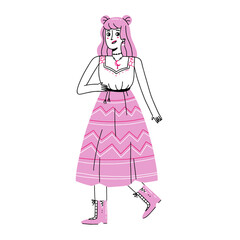 A happy girl in a boho outfit, in a dress. Vector illustration.