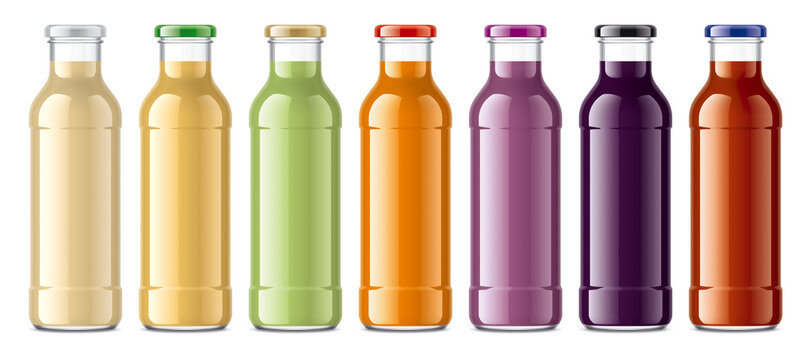 Set of Glass Bottles with non-transparent Juices.  