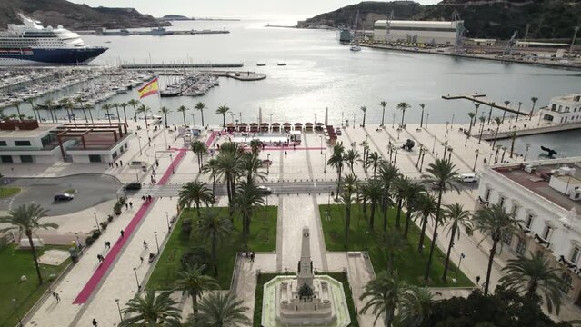 Promenade and seascape at Cartagena touristic port, Spain. Aerial forward