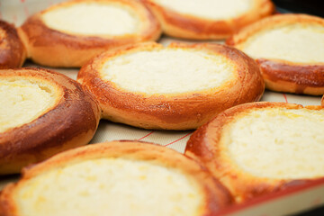 Cooking buns with cottage cheese. Homemade cheesecakes on baking sheet.