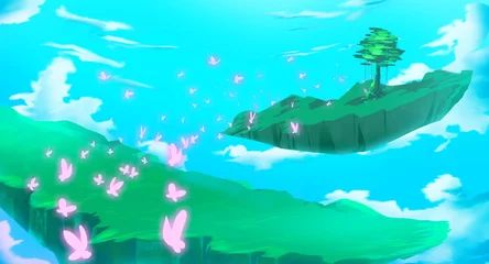 Fototapeten land in the cloud sky with tree and pink butterfly hand drawn anime wallpaper concept art © SecretCanvas