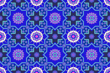 Geometric, curved and flower and stars pattern art, Tile, asphalt, vector abstract dark blue background. Seamless pattern, folk embroidery, ornament print, Design for carpet, wallpaper, clothing