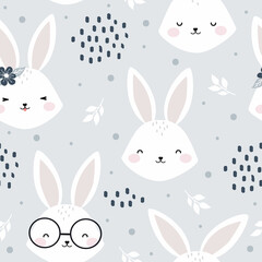 Seamless pattern blue theme with cute bunny rabbit,  design for scrapbooking, decoration, cards, paper goods, background, wallpaper, wrapping, fabric and all your creative projects.