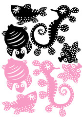 Collection of silhouette fishes of oceans and rivers. Flat graphic design on white background. Sea creatures in pink and black. Deep sea. Ideal for notepads, diaries, study guides, tableware, gadgets