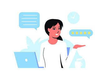 Woman at the table with text bubble and positive feedback. Concept of online consultations, hot line and customer service. Call center operator. Great service. Vector illustration in flat style.