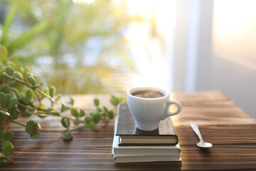 Small cup of coffee and notebooks and Peperomia Hope plant