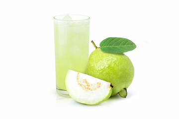 Fresh guava smoothie juice in glass and guava fruit with green leaf isolated on white background.