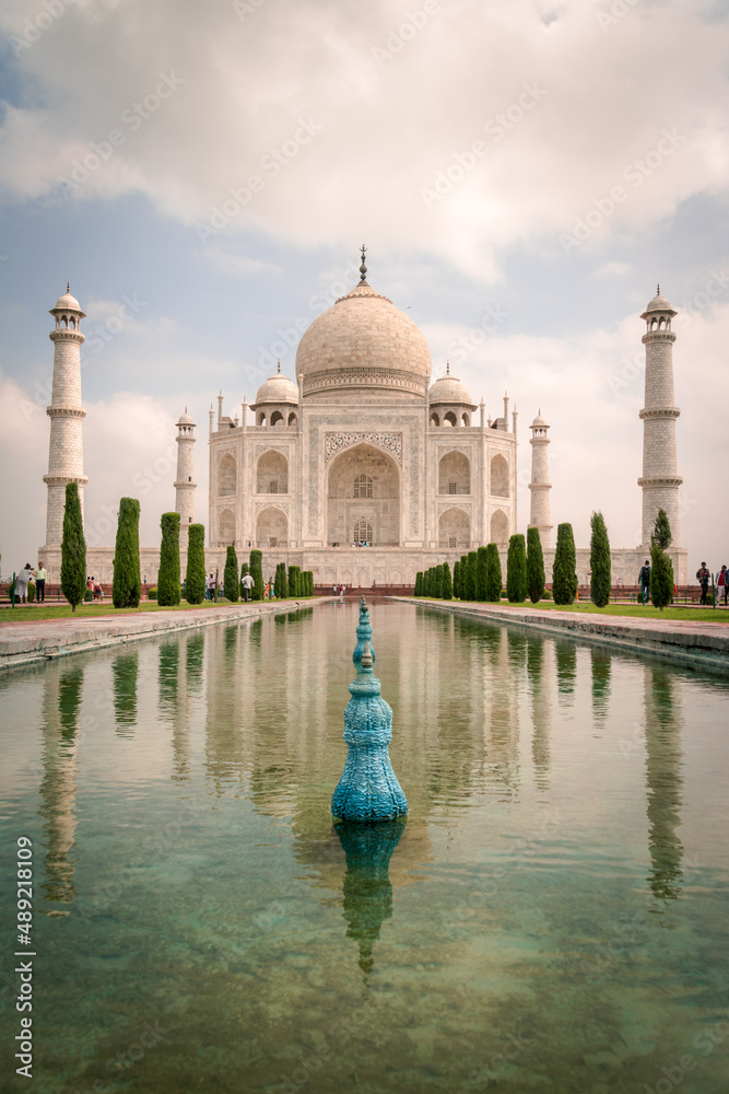 Canvas Prints beautiful view of the famous taj mahal and bushes around water against a light blue sky