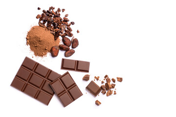 Chocolate bar whit cocoa powder  and cacao bean isolated on white background. Top view. Flat lay.