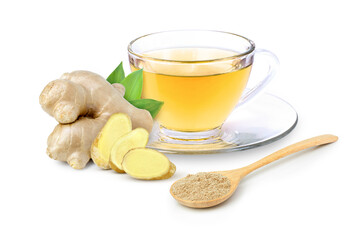 Cup of hot ginger tea and ginger root with slice and green leaf isolated on white background.