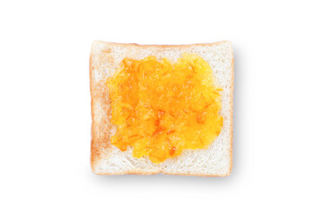 Toast sliced bread with orange jam isolated on white background. Top view. Flat lay. Clipping path.