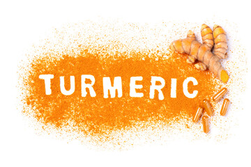 Turmeric root with curcuma powder and tumeric capsule isolated on white background. Top view. Flat...