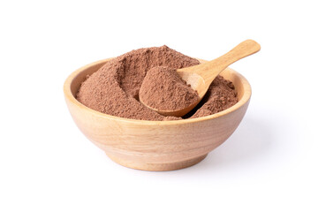 Cocoa powder in wooden bowl and spoon isolated on white background. Clipping path.