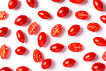 Red cherry tomatoes with half sliced isolated on white background.Top view. Flat lay. Tomato seamless texture pattern background.