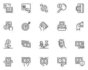 Set of Vector Line Icons Related to Money. Wad of Money, Money Laundering, Hand with Coin. Editable Stroke. 48x48 Pixel Perfect.