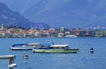 Panoramic view of Lake Maggiore. The charming sunny town of Baveno, tourist destination, Piedmont, Italy.