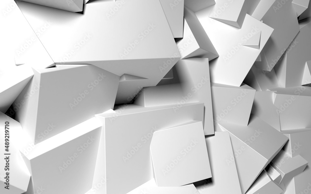Aufkleber Abstract background with white 3D shapes flying in the light as a messy array or chaotic structure for any pastel backdrop. 3D illustration