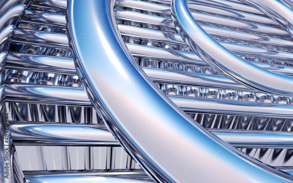 Poster abstract background with chrome circles over metallic pipes. 3d illustration