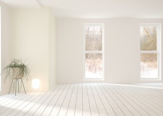 Mock up of empty room in white color with winter landscape in window. Scandinavian interior design. 3D illustration