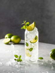 Detox cocktail with mint and lime or mojito cocktail in glasses on a gray background. Copy space for your text.
