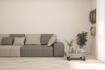 White living room with sofa. Scandinavian interior design. 3D illustration