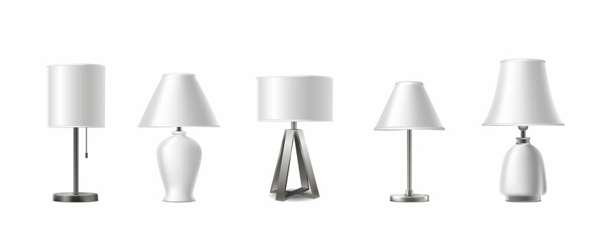 3d realistic vector icon set. Collection of table lamps in different shapes. Isolated on white background.