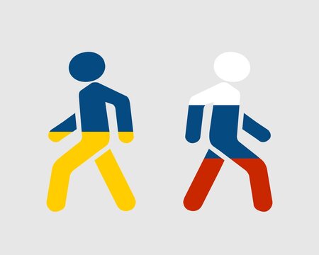 Image relative to politic and economic relationship between Ukraine and Russia. Pedestrians moving in opposite directions and textured by national flags