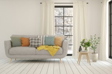 White living room with sofa and winter landscape in window. Scandinavian interior design. 3D illustration