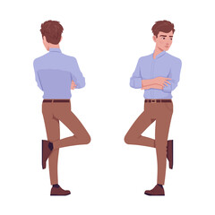 Young handsome businessman standing, sure confident pose. Busy office attire boy, male manager in formal wear. Vector flat style cartoon character isolated on white background, front, rear view