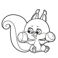 Cute cartoon squirrel sits and holds nuts in its paws outlined for coloring page isolated on white background