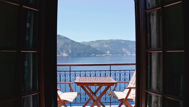 View of Mediterranean sea through window of hotel in Kefalonia Greece