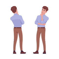 Fototapeta premium Young handsome businessman standing, pensive pose, seriously thoughtful. Office attire boy, male manager in formal wear. Vector flat style cartoon character isolated, white background, front, rear