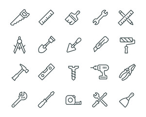 Set of Construction Tools Icons. Such as, Drill, Level, Wrench, Brush, Spatula, Hammer and others