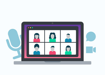 Video conference call concept. Colleagues talk to each other on the laptop screen. Work from home. Online meeting. Flat vector illustration.