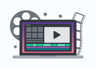 Video editing software concept. Film making on laptop display. Animator, content creator. Flat vector illustration.
