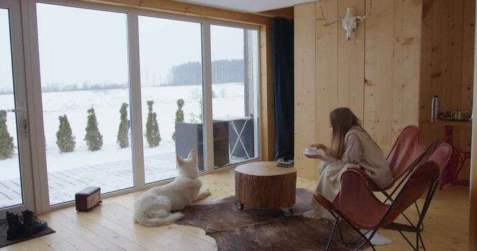 a girl drinking and taking notes sitting in a chair the interior of a hunting lodge wooden floor panoramic windows a skull on the wall a skin carpet and a white big dog wolf lies nearby