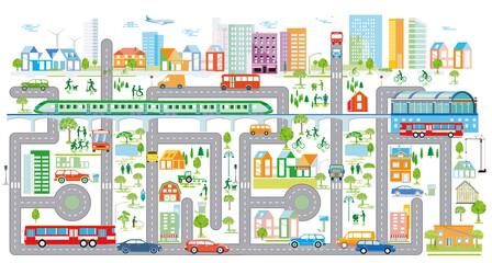 Stadtplan mit Straßenverkehr und Häusern, Informationsgrafik, Illustration

