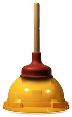 Close-up of a red rubber plunger with wooden handle above a yellow and orange hard hat or safety helmet, isolated on white background with reflection.