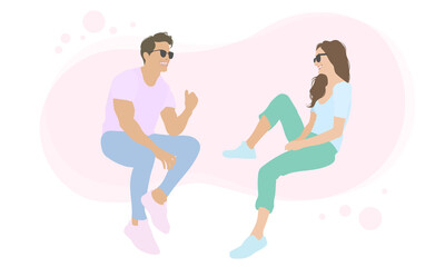 Fototapeta na wymiar laughing and talking couple at the outside with pink background vector illustration. Man and woman get a healthy conversation.
