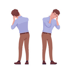 Young handsome businessman standing head squeezing with pain. Busy office attire boy, male manager in formal wear. Vector flat style cartoon character isolated on white background, front, rear view