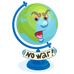 Obraz premium No war! Model of the Earth with a banner against the war in the hands. In cartoon style. Isolated on white background. Vector illustration