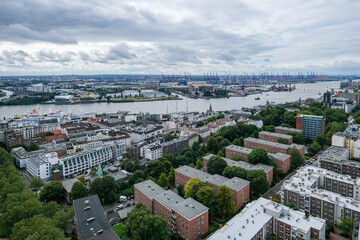An aerial view of the cityscape of Hamburg with the TV tower from the St Michaelis Church