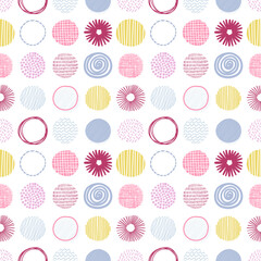 Hand drawn round decor abstract elements in rows. Isolated vector pastel colorful seamless pattern on white background.