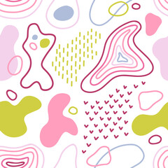 vivid pastel pink blue yellow organic shaped linear and solid elements seamless pattern on white background for web product design media and packaging