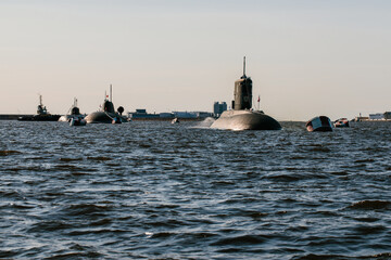 View from the water of nuclear submarines in the waters of the Gulf of Finland.Preparation for the...