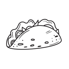 Black outline taco icon. Doodle silhouette of traditional mexican meal. Hand drawn fast food drawing. Vector illustration