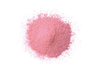 Pile of pink fruity protein powder isolated on white background. Top view. Flat lay. - obrazy, fototapety, plakaty