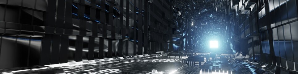 Reflective or chrome style futuristic sci-fi corridor or pathway background with exit or incoming light ahead. Wide header dimension. Abstract cyber or digital pathway concept. 3D rendering.